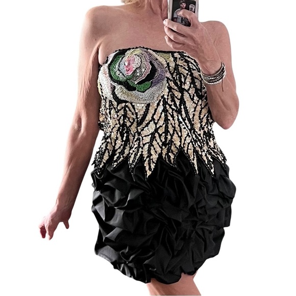 Vintage 1980s Black Bubble Hem Ruffled Boned Strapless Sequin Dress RARE XS - Picture 16 of 16